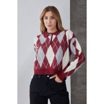 Baklava Desenli Polo Yaka Triko Kazak - Bordo - Standart