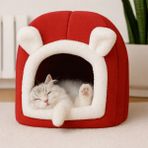 Bal Kabağı Kedi Evi – Peluş Kapalı Kışlık Mağara Tipi Kedi Yuvası Yastıklı Kedi Evi Oumo - Kırmızı