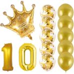 Bal10 Dünyası 10 Yaş Kral Taçlı Gold Konfetili Şeffaf Balon Seti