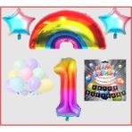 Bal10 Dünyası Gökkuşağı Yıldız Makaron Balon Banner Temalı 1 Yaş Doğum Günü Parti Seti