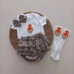 Balböceğikids Kız Bebek Leopar Çakıl Fırfır Şort Etek Bodyli Çorap Takımı