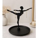 Balerin Figürlü Takı Standı, Siyah, Metal, Yuvarlak Tepsili Mücevher Düzenleyici, 21x23 cm