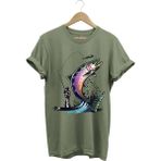Balık Avı Baskılı Fishing Olta Ile Balık Tutmak Turna Levrek Balığı Regular Fit %100 Pamuk Tişört - Haki - 3XL