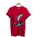 Balık Avı Baskılı Fishing Olta Ile Balık Tutmak Turna Levrek Balığı Regular Fit %100 Pamuk Tişört - Kırmızı