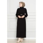 Balıkçı Yaka Kemerli Elbise-Siyah - 40 - Beyaz