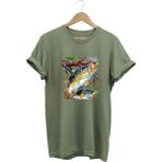 Balıkçılık Avcılık Olta ile Balık Tutmak Sazlık Alabalık Levrek Baskılı Pamuk Regular Fit T-Shirt - Haki Yeşil - XL