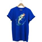 Balıkçılık Levrek Balığı Baskılı Renkli Tasarım %100 Pamuk Regular Fit Bisiklet Yaka T-Shirt - Mavi