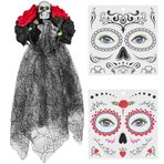 Balinco Dia de los Muertos Kostüm Seti, Kadın, Ölüler Günü, Kuru Başlı Saç Bandı, Gül, Duvak ve Geçici Yüz Dövmesi, Kırmızı, Siyah, Cadılar Bayramı, Karnaval