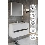 BALNEOM Banyo Kadife Beyaz Parlak Hıgh Gloss Demonte 80 Cm Banyo Dolabı Ledli Aynalı Üst Dolap Boy Dolabı