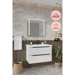Balneom Kadife Beyaz Parlak Hıgh Gloss 80 cm Banyo Dolabı+Led Işıklı Aynalı Üst Dolap
