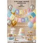 BALOMİS Makaron Gümüş Yaldızlı Happy Birthday Banner 2 Metre Doğum Günü Duvar Süsü