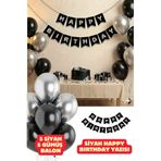 Baloncu Nene Siyah Happy Birthday Yazısı Balon Seti Siyah Gümüş Balon Doğum Günü Parti Süsleri