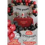Baloncu Nene Siyah Happy Bırthday Yazısı Gümüş Konfetili 30 Adet Siyah Kırmızı Balon Parti Doğum Günü Konsepti