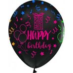 Balonevi Çepeçevre Floresan Happy Birthday Siyah Balon (100 Lü Paket)