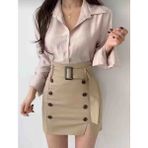 Balva Konsept Kadın Bej Yüksek Bel Kemerli Düğme Detaylı Yırtmaçlı Mini Etek - L - XL - 0019-Bej