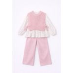 Bambino Gömlekli Bağcık Detaylı Triko Yelekli ve Pantolon 3’lü Takım - Pembe - 4 Yaş