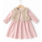 Bambino Peluş Yelek Detaylı Fitilli Kız Elbise - 18 - 24 Ay - Ekru - Pembe