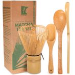 BambooMN Matcha Çırpma Seti - Altın Chasen (Çay Çırpma) + Chashaku (Kancalı Bambu Kepçe) + Çay Kaşığı - 1 Set - Geleneksel Bir Matcha Kupası Hazırlamak için Premium Matcha Seti