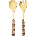 Bambu Ahşap Saplı Salata Kaşık ve Çatal Paslanmaz Çelik Servis Seti