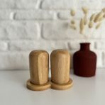Bambu Ahşap Şık Standlı Ikili Tuzluk Biberlik Dökmeli 9 cm