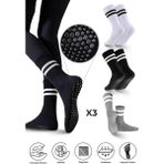 Bambu Kadın Kaydırmaz Taban Silikon Baskı Pilates Yoga Fitness Dans Aktivite Tenis Çorabı 3'lü Paket - Siyah - Beyaz - Gri - 36 - 40