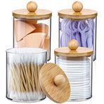 Bambu Kapaklı 4'lü Paket Qtip Tutucu Dağıtıcı - 10 oz Makyaj Makyaj Makyaj Düzenleyici Saklama için Şeffaf Plastik Eczacı Kavanoz Kapları - Pamuklu Çubuk, Top, Pedler, Diş İpi için Banyo Aksesuar Seti