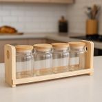 Bambu Kapaklı 4'lü Standlı Baharatlık - Ahşap - 250 ml