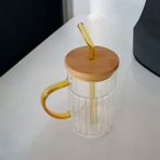 Bambu Kapaklı Cam Pipetli Kupa 420 ml | Sarı