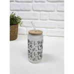 Bambu Kapaklı Kaktüs Desenli Pipetli Buzlu Cam Bardak - Renkli - 500 ml