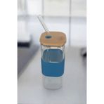 Bambu Kapaklı Kare Cam Pipetli Kupa 400 ml | Mavi