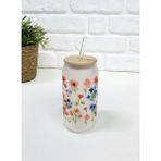 Bambu Kapaklı Kırmızı Mavi Çiçek Desenli Pipetli Buzlu Cam Bardak - Renkli - 500 ml
