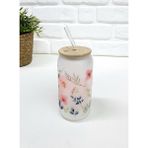 Bambu Kapaklı Mavi Yaprak ve Pembe Çiçek Desenli Pipetli Buzlu Cam Bardak - Renkli - 500 ml