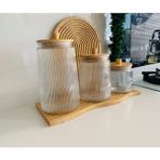 Bambu Kapaklı Vakumlu 3'lü Çizgili Kavanoz SETI(800/1300/1800 Ml) - Şeffaf - 3 Adet