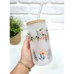 Bambu Kapaklı Yeşil Yaprak ve Kırmızı Çiçek Desenli Pipetli Buzlu Cam Bardak - Renkli - 500 ml