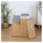 Bambu Katlanabilir Kirli Çamaşır Sepeti, Kapaklı, Yıkanabilir Astar 32x52x60 Siyah-Beyaz Kirli-Temiz Bölmeli Çamaşır Sepeti