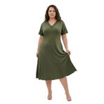 Bambu Kumaş Dantel Yaka Detaylı Battal Beden Kloş Elbise-Haki-3XL