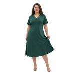 Bambu Kumaş Dantel Yaka Detaylı Battal Beden Kloş Elbise-Nefti Yeşil-4XL