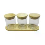 Bambu Standlı 3’Lü Mini Baharatlık Seti – Vakum Kapaklı | Kavanoz 7X6 Cm | Stand 22X7 Cm