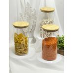 Bambu Yuvarlak Kapak Vakumlu Baharatlık Çok Amaçlı Kavanoz 3 Lü Set - Şeffaf - 1500 ml