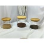 Bambu Yuvarlak Kapak Vakumlu Baharatlık Çok Amaçlı Kavanoz 3 Lü Set - Şeffaf - 850 ml