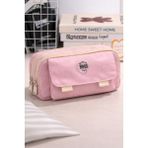 Bambus Home Önü Cepli 3 Bölmeli Büyük Kapasiteli Öğrenci/ofis Malzeme Kumaş Kalem Kutusu Kalemlik - Pembe - 7x13x23CM