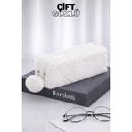 Bambus Home Peluş Çift Gözlü Bölmeli Okul Için Ponponlu Çok Amaçlı Organizer Kalemlik Kalem Kutusu - Beyaz - Çift Bölmeli