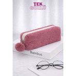 Bambus Home Peluş Çift Gözlü Bölmeli Okul Için Ponponlu Çok Amaçlı Organizer Kalemlik Kalem Kutusu - Gülkurusu - Tek Bölmeli
