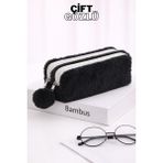 Bambus Home Peluş Çift Gözlü Bölmeli Okul Için Ponponlu Çok Amaçlı Organizer Kalemlik Kalem Kutusu - Siyah - Çift Bölmeli