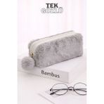 Bambus Home Peluş Tek Gözlü Bölmeli Okul Için Ponponlu Çok Amaçlı Organizer Kalemlik Kalem Kutusu - Gri - Tek Bölmeli