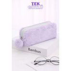 Bambus Home Peluş Tek Gözlü Bölmeli Okul Için Ponponlu Çok Amaçlı Organizer Kalemlik Kalem Kutusu - Mor - Tek Bölmeli