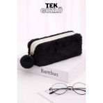 Bambus Home Peluş Tek Gözlü Bölmeli Okul Için Ponponlu Çok Amaçlı Organizer Kalemlik Kalem Kutusu - Siyah - Tek Bölmeli