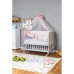 Bamgidoo Ahşap Bebek Beşiği Anne Yanı Beşik 70X130 - Pembe Yıldız 3 Yastıklı Uyku Seti Yataklı Tekerlekli - Beyaz - Ahşap