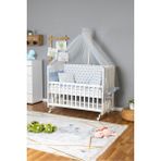 Bamgidoo Ahşap Beşik Anne Yanı Bebek Beşiği 70X130 - Mavi Yıldız 1 Yastıklı Uyku Seti Yataklı Tekerlekli - Ceviz - Beyaz