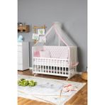 Bamgidoo Ahşap Beşik Anne Yanı Bebek Beşiği Beyaz 70X130 - Pembe Yıldız 1 Yastıklı Uyku Seti Yataklı - Sarı